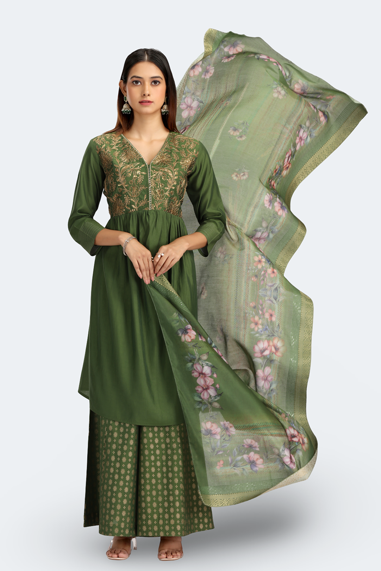 Light Green Roman Silk Embroidered Gathered Kurta Pant and Dupatta Suit Set