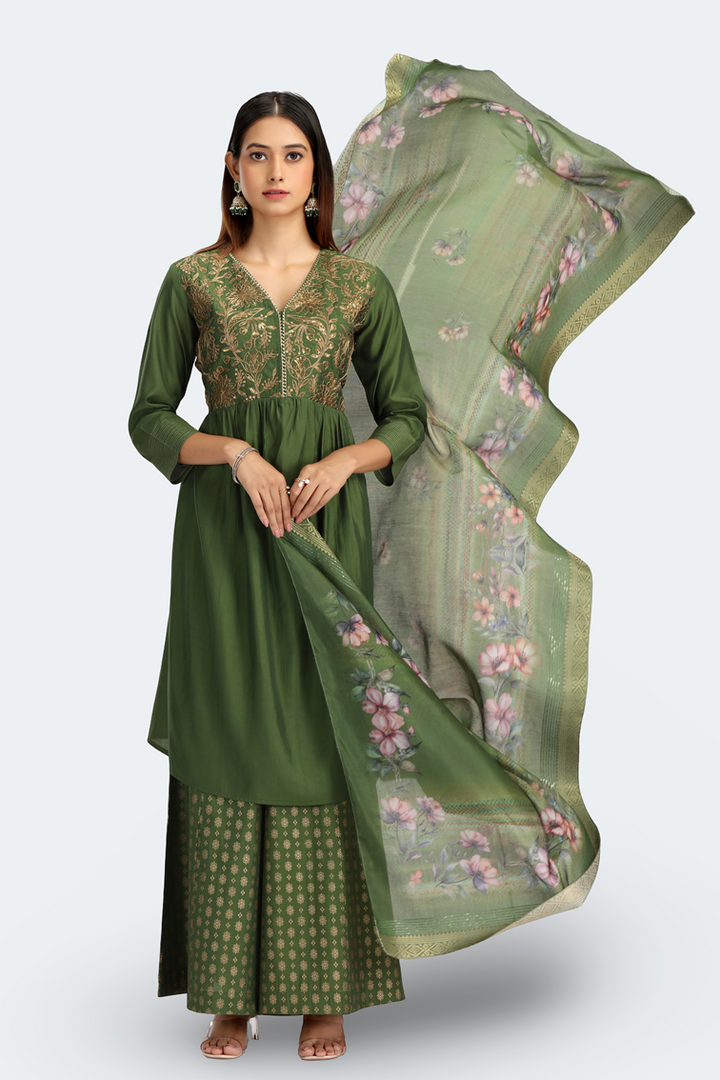 Light Green Roman Silk Embroidered Gathered Kurta Pant and Dupatta Suit Set
