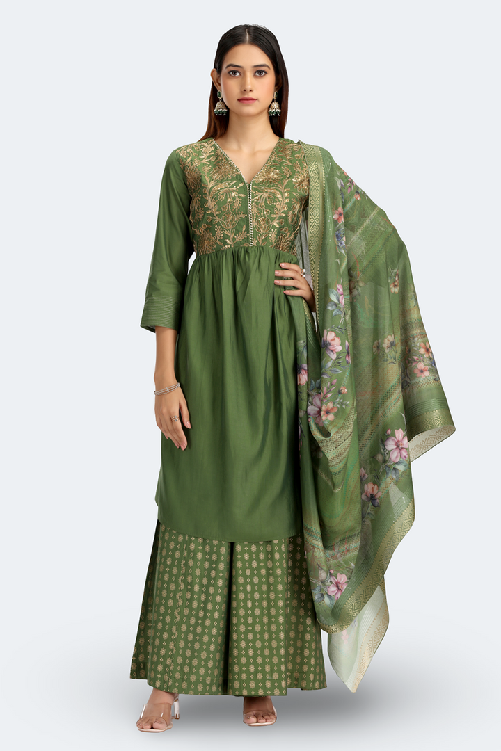 Light Green Roman Silk Embroidered Gathered Kurta Pant and Dupatta Suit Set