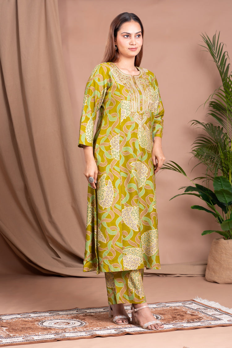 Light Olive Green Embroidered Straight Co ord Set