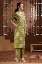 Light Olive Green Embroidered Straight Co ord Set