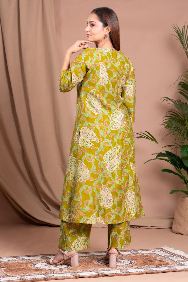 Light Olive Green Embroidered Straight Co ord Set