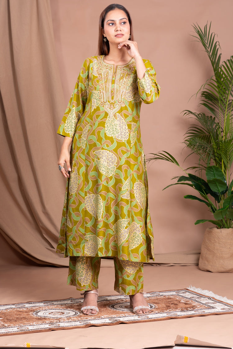 Light Olive Green Embroidered Straight Co ord Set