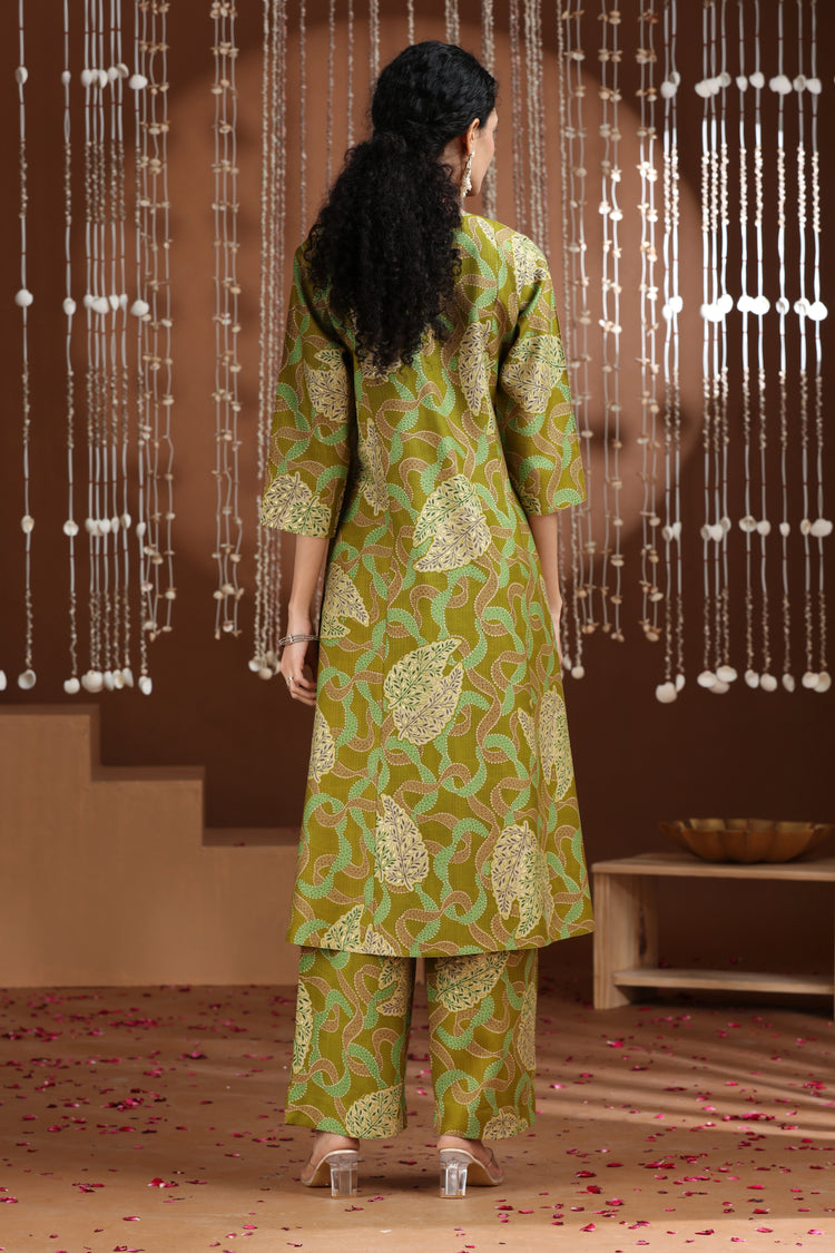 Light Olive Green Embroidered Straight Co ord Set