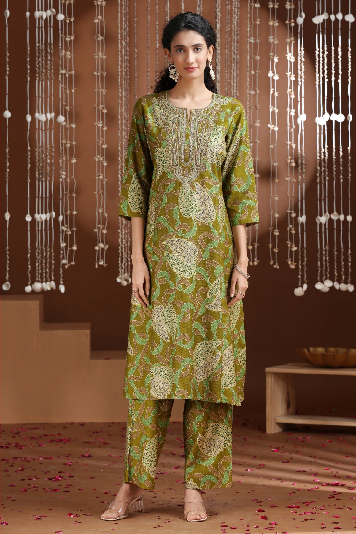 Light Olive Green Embroidered Straight Co ord Set