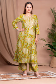 Light Olive Green Embroidered Straight Co ord Set