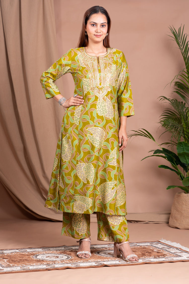 Light Olive Green Embroidered Straight Co ord Set