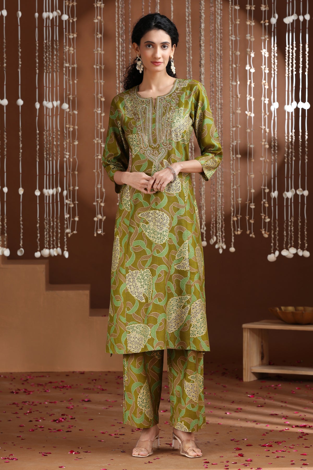 Light Olive Green Embroidered Straight Co ord Set