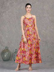 Light Peach Floral Printed Cotton A-Line Dress