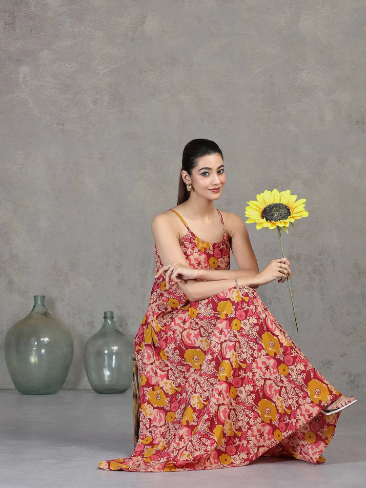 Light Peach Floral Printed Cotton A-Line Dress