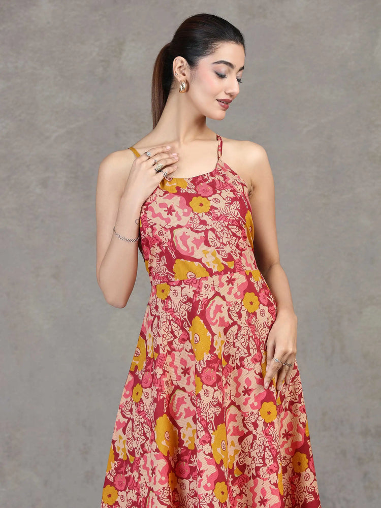 Light Peach Floral Printed Cotton A-Line Dress