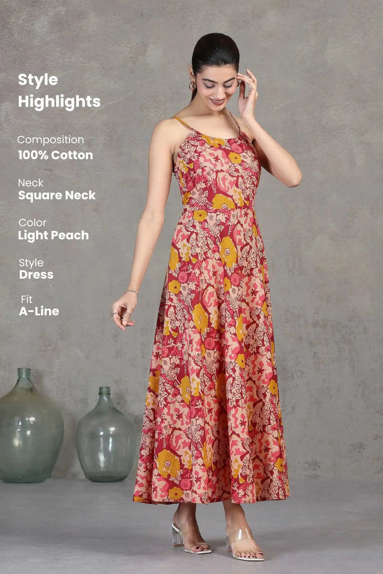 Light Peach Floral Printed Cotton A-Line Dress