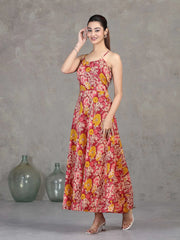 Light Peach Floral Printed Cotton A-Line Dress