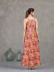 Light Peach Floral Printed Cotton A-Line Dress