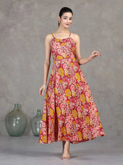 Light Peach Floral Printed Cotton A-Line Dress