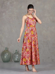 Light Peach Floral Printed Cotton A-Line Dress