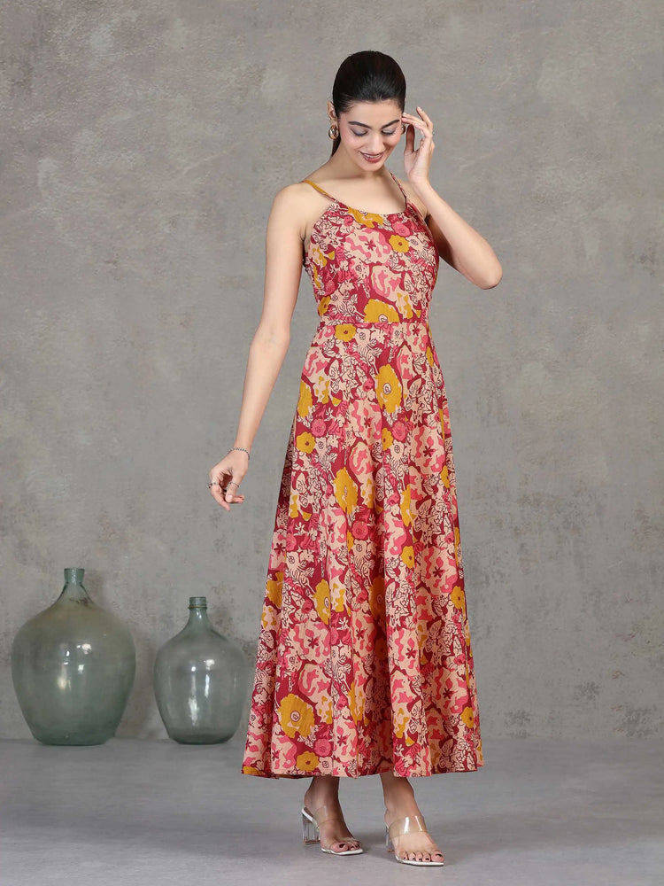 Light Peach Floral Printed Cotton A-Line Dress