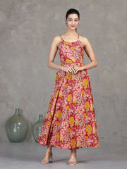 Light Peach Floral Printed Cotton A-Line Dress