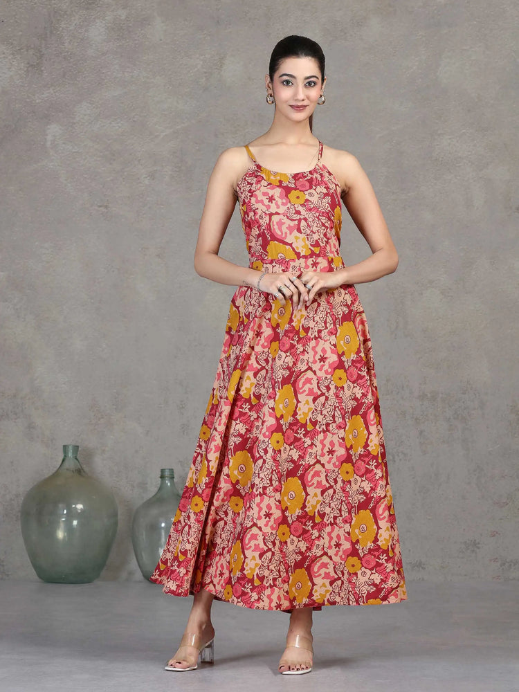 Light Peach Floral Printed Cotton A-Line Dress