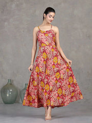 Light Peach Floral Printed Cotton A-Line Dress