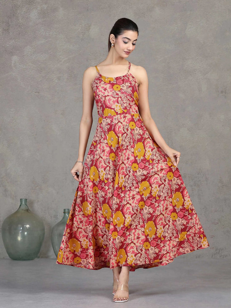 Light Peach Floral Printed Cotton A-Line Dress