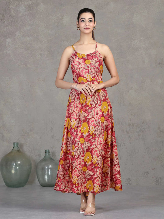 Light Peach Floral Printed Cotton A-Line Dress