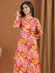 Light Peach Floral Printed Cotton A-Line Kurta