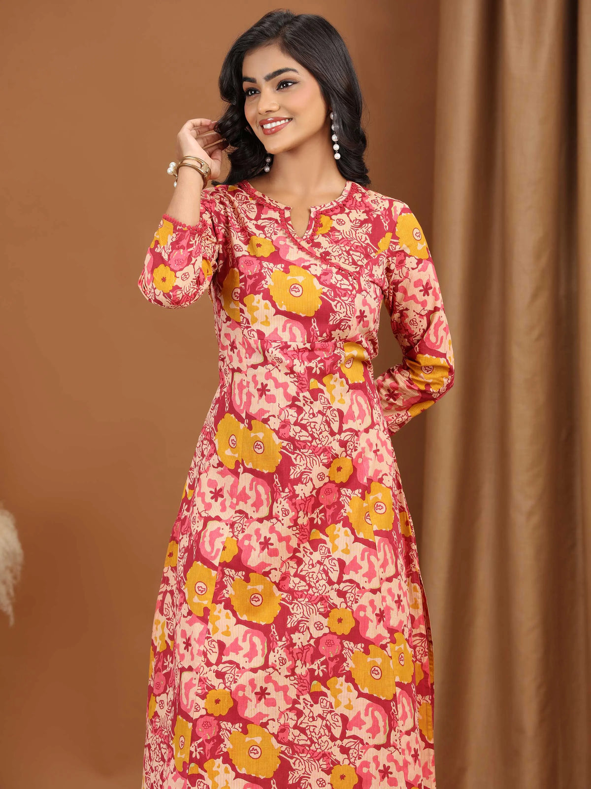 Light Peach Floral Printed Cotton A-Line Kurta