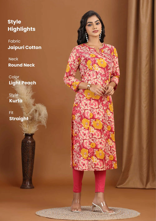 Light Peach Floral Printed Cotton A-Line Kurta