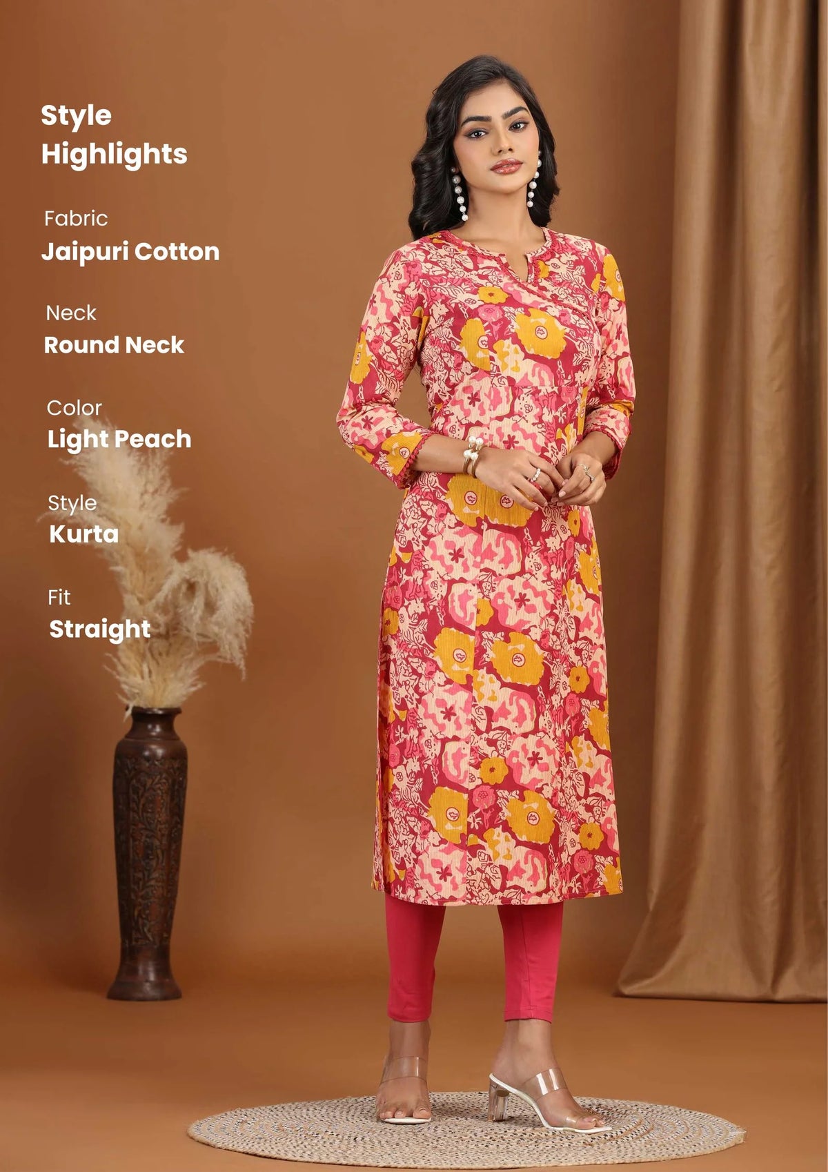 Light Peach Floral Printed Cotton A-Line Kurta