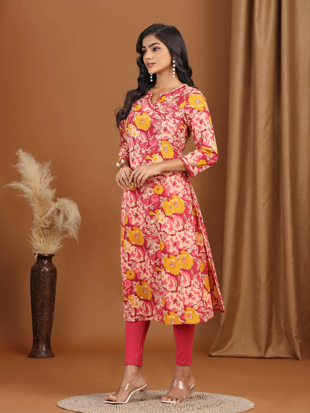 Light Peach Floral Printed Cotton A-Line Kurta