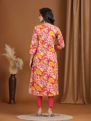 Light Peach Floral Printed Cotton A-Line Kurta