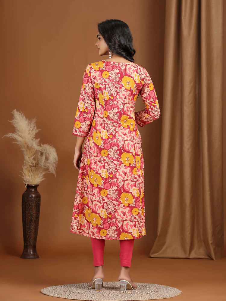 Light Peach Floral Printed Cotton A-Line Kurta