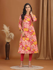 Light Peach Floral Printed Cotton A-Line Kurta