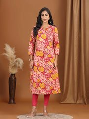 Light Peach Floral Printed Cotton A-Line Kurta