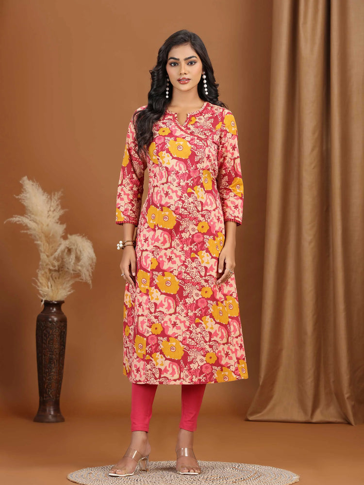 Light Peach Floral Printed Cotton A-Line Kurta