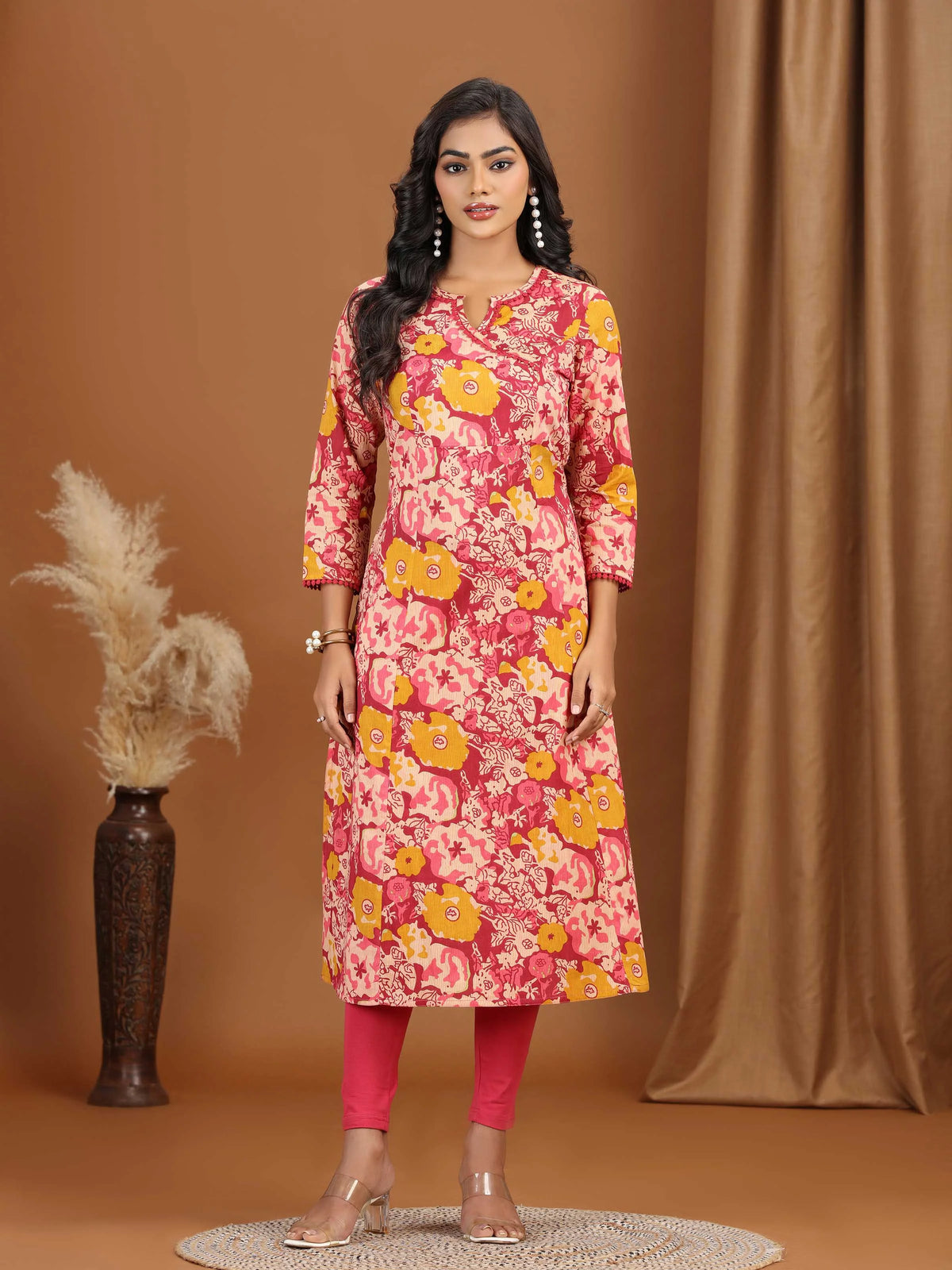 Light Peach Floral Printed Cotton A-Line Kurta