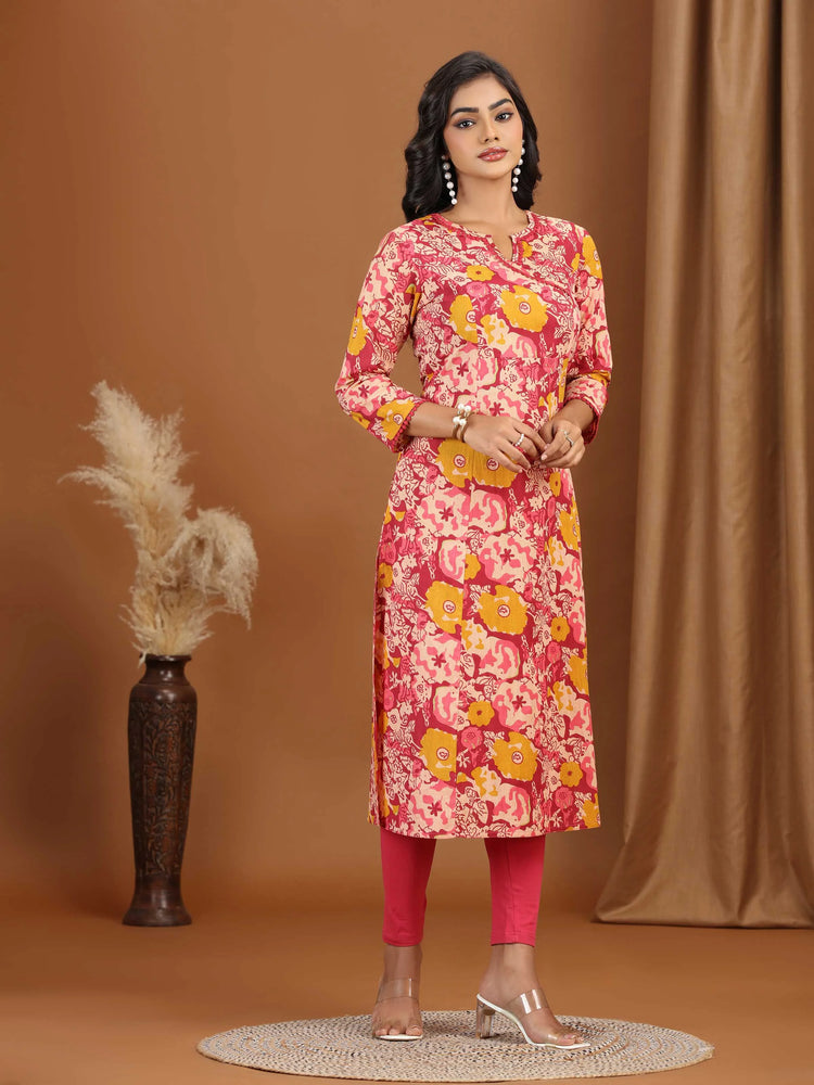 Light Peach Floral Printed Cotton A-Line Kurta