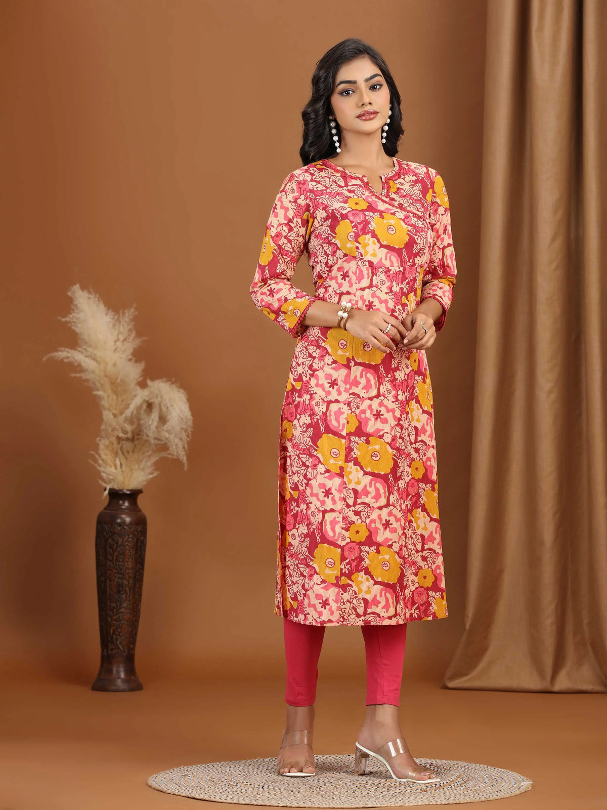 Light Peach Floral Printed Cotton A-Line Kurta