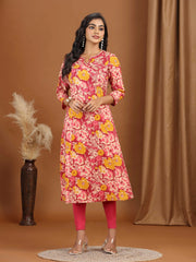 Light Peach Floral Printed Cotton A-Line Kurta