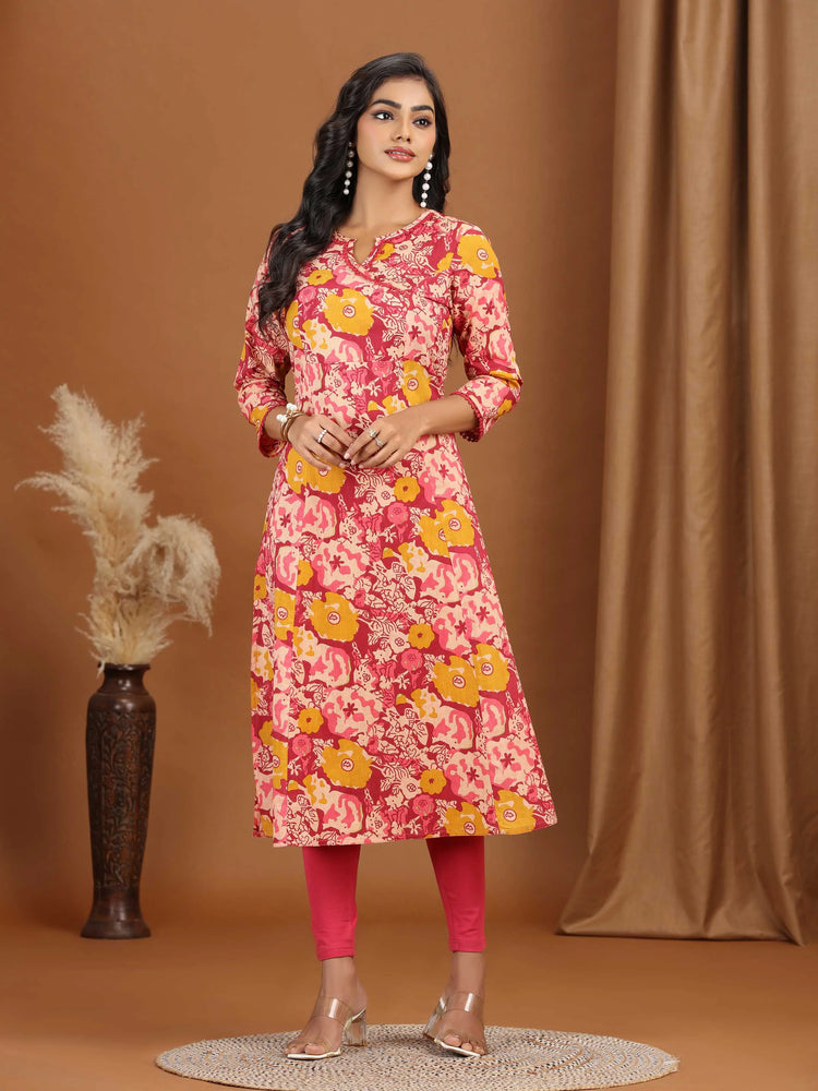 Light Peach Floral Printed Cotton A-Line Kurta