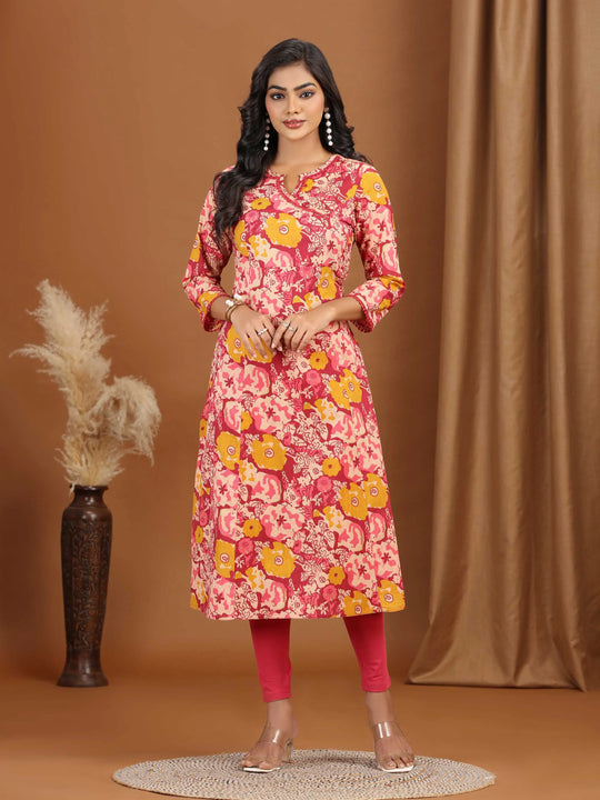 Light Peach Floral Printed Cotton A-Line Kurta