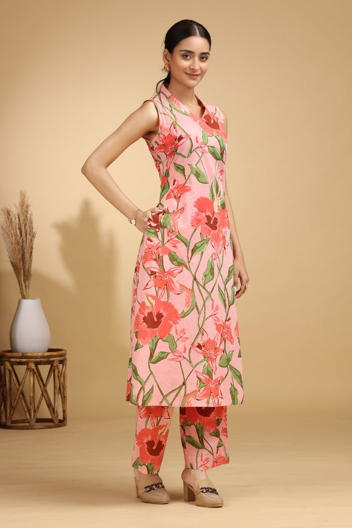 Light Peach Botanical Printed Cotton A-Line Co-ord Set