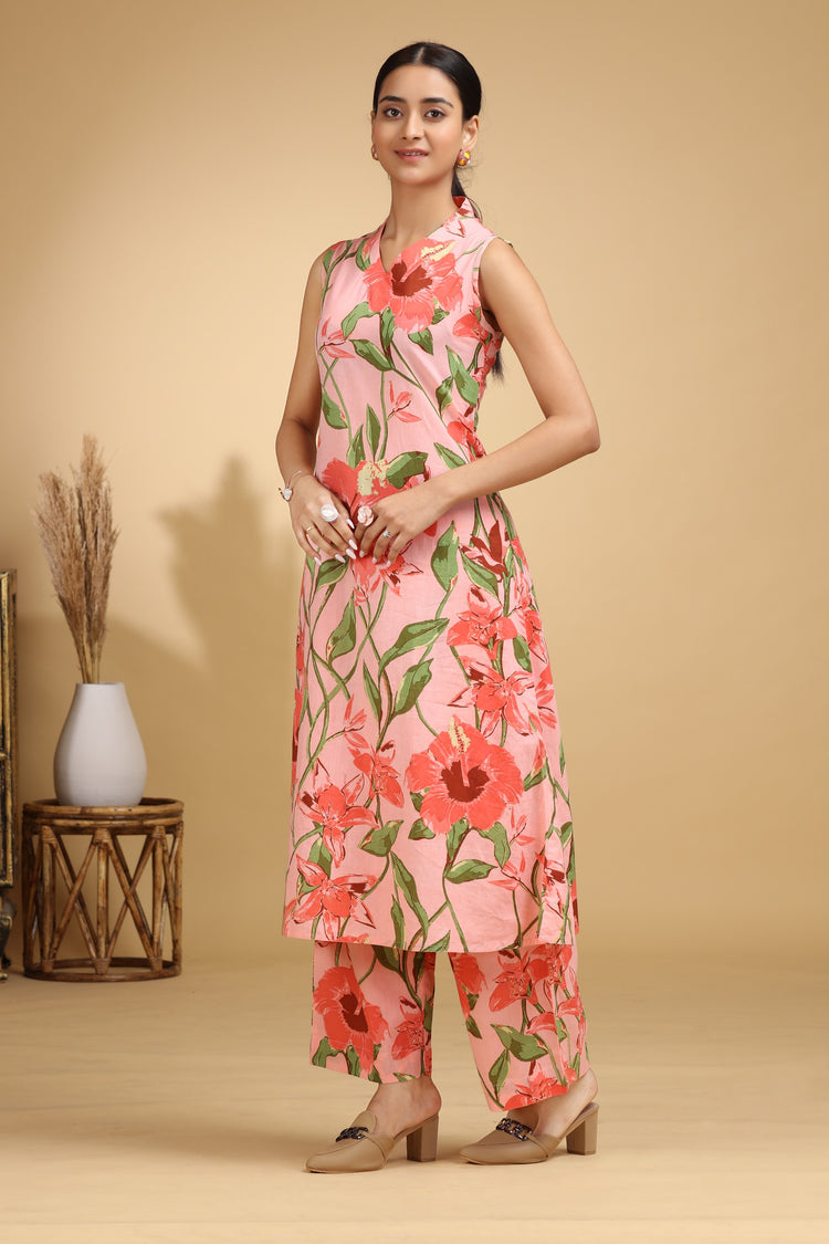 Light Peach Botanical Printed Cotton A-Line Co-ord Set