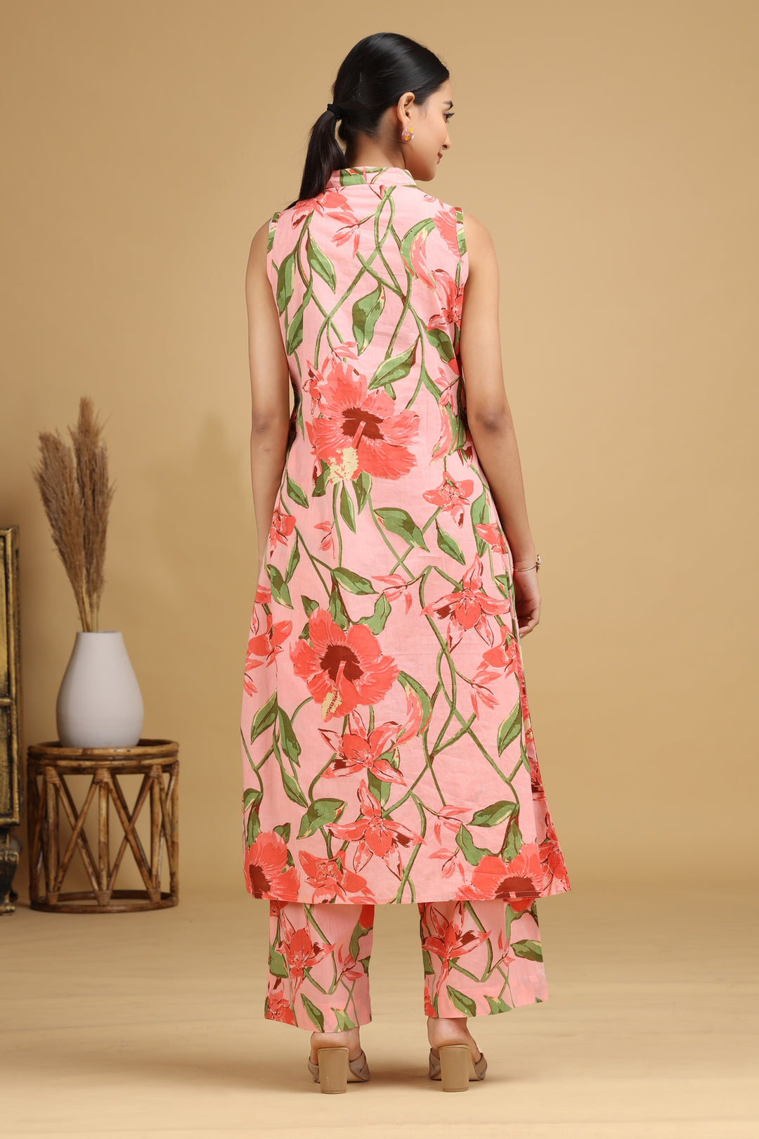 Light Peach Botanical Printed Cotton A-Line Co-ord Set