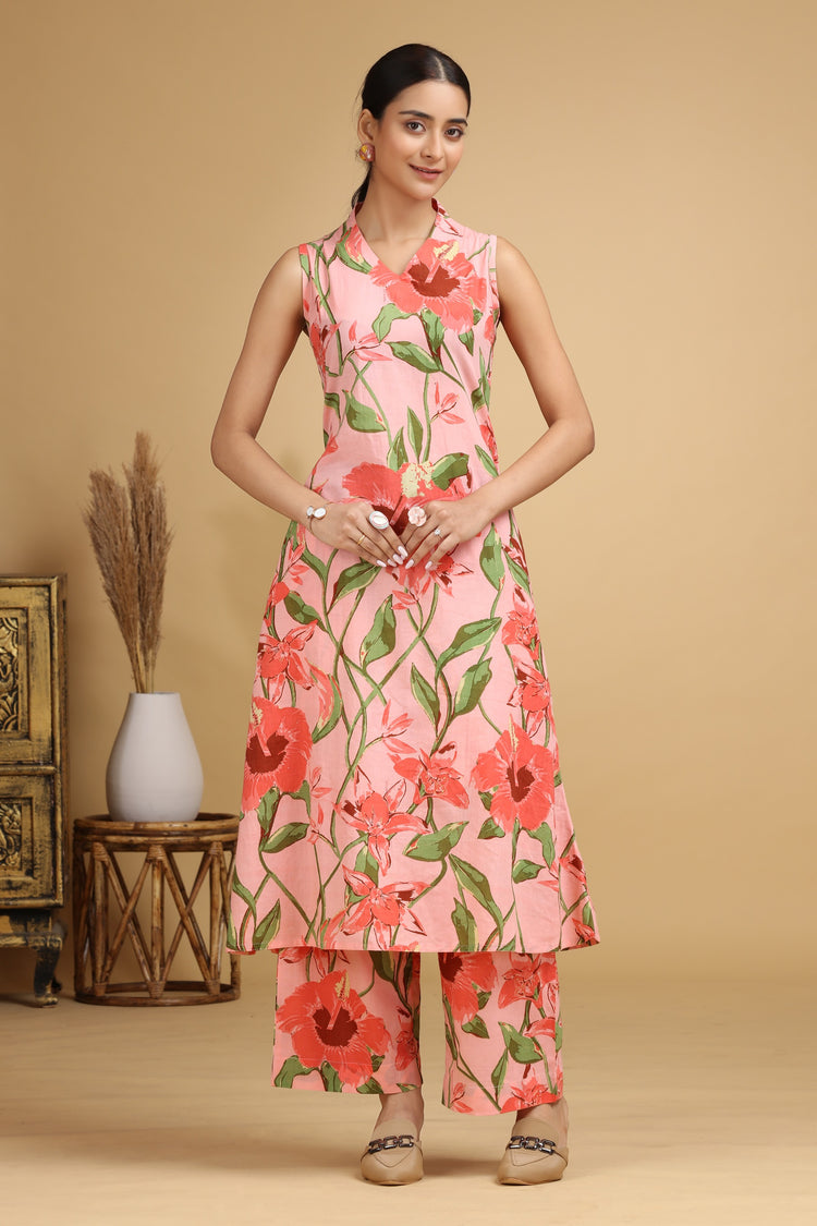 Light Peach Botanical Printed Cotton A-Line Co-ord Set