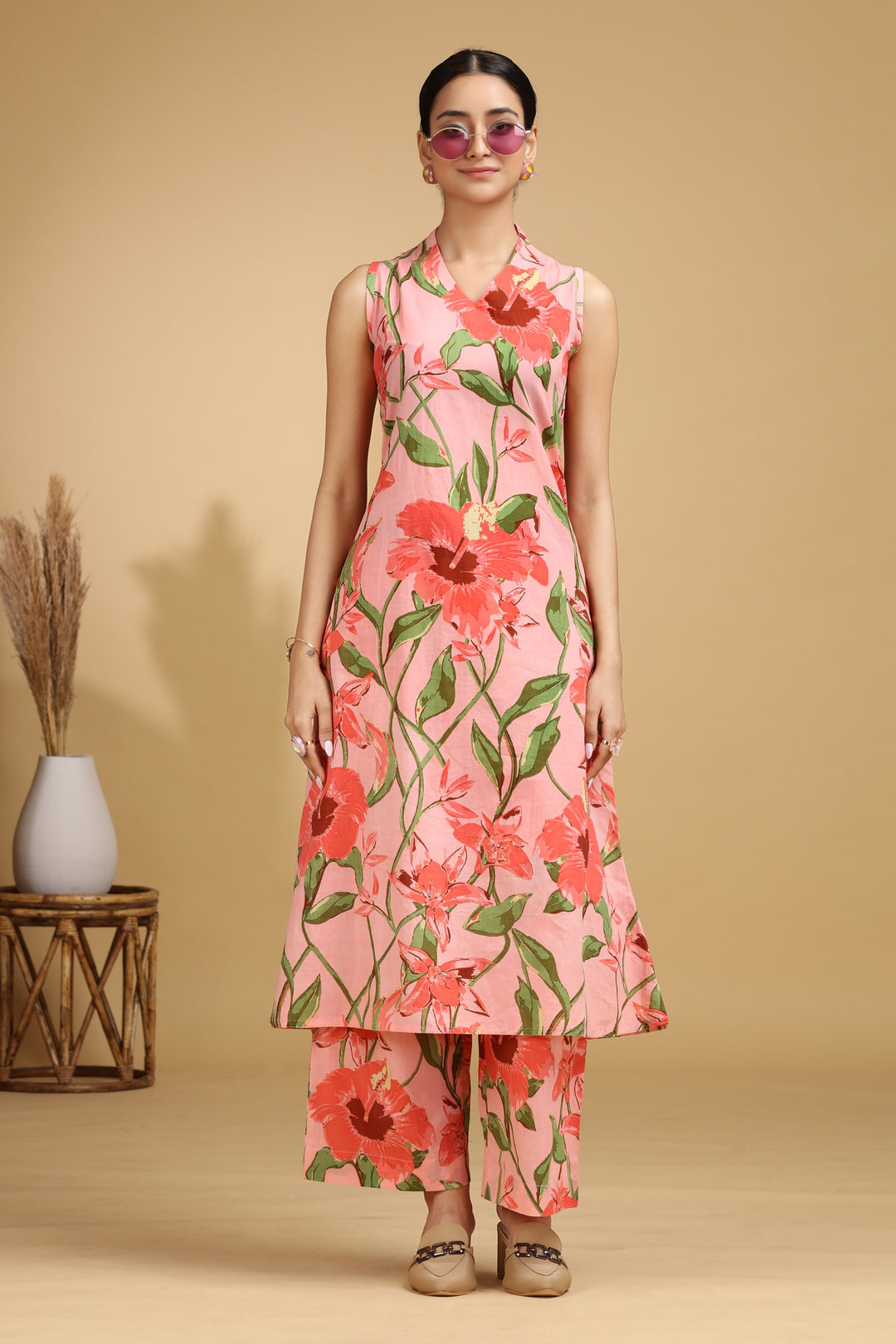 Light Peach Botanical Printed Cotton A-Line Co-ord Set