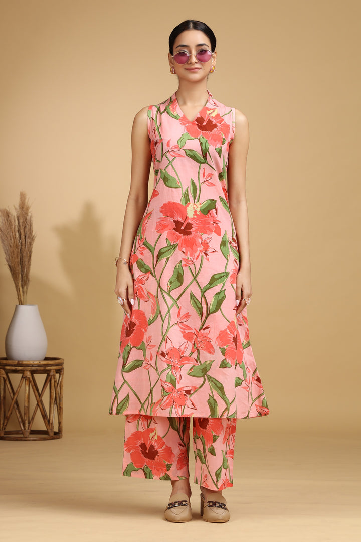 Light Peach Botanical Printed Cotton A-Line Co-ord Set