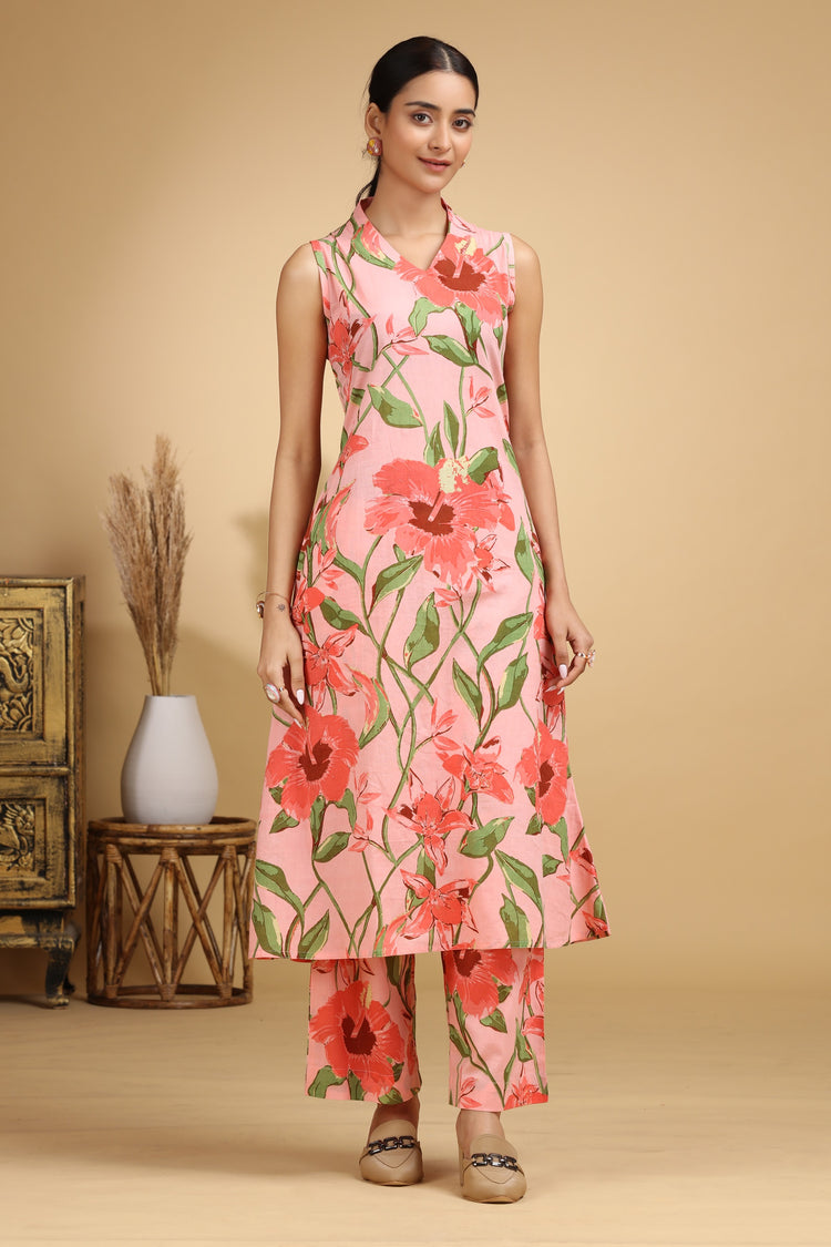 Light Peach Botanical Printed Cotton A-Line Co-ord Set