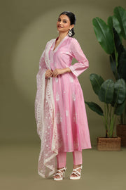 Light Pink Chanderi Embroidered A Line Kurta Pant and Dupatta Suit Set